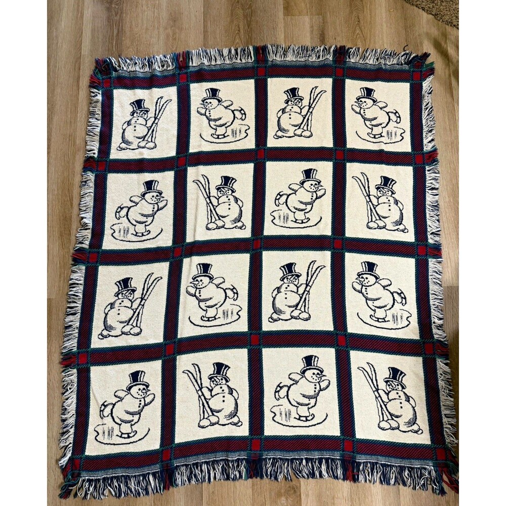 Snowman Tapestry Woven Sofa Throw Blanket Fringed Blue White Red Christmas 58x48